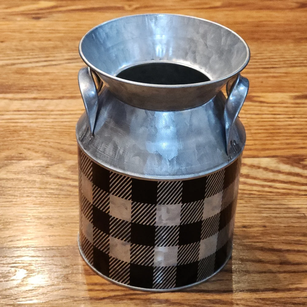 Farmhouse Silver and Black Buffalo Plaid Checkered Metal Milk Can With Handles